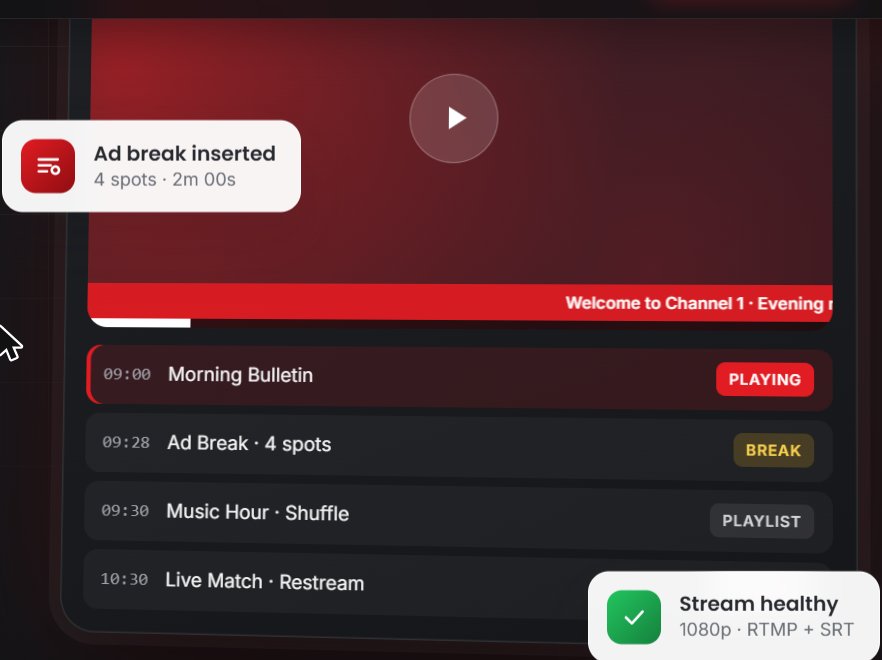 AiPlayout dashboard showing a live on-air channel, schedule and ad-break list